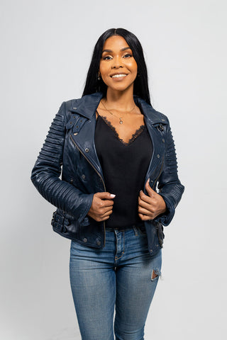 Queens Womens Fashion Leather Jacket Navy Blue