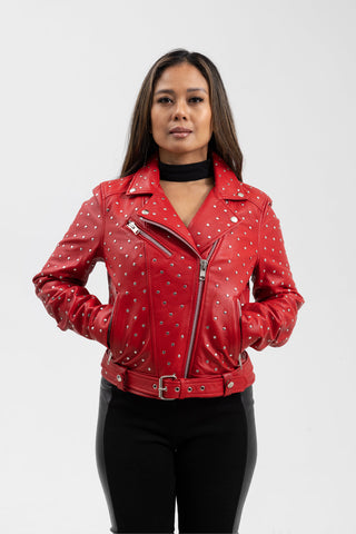 Claudia Womens Fashion Leather Jacket Fire Red