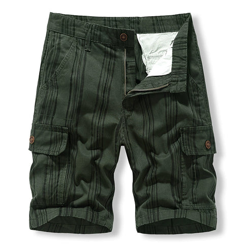 Casual Shorts: Men's middle-aged and old-age sports washing Pure Cotton Striped Multi Pocket work clothes pants